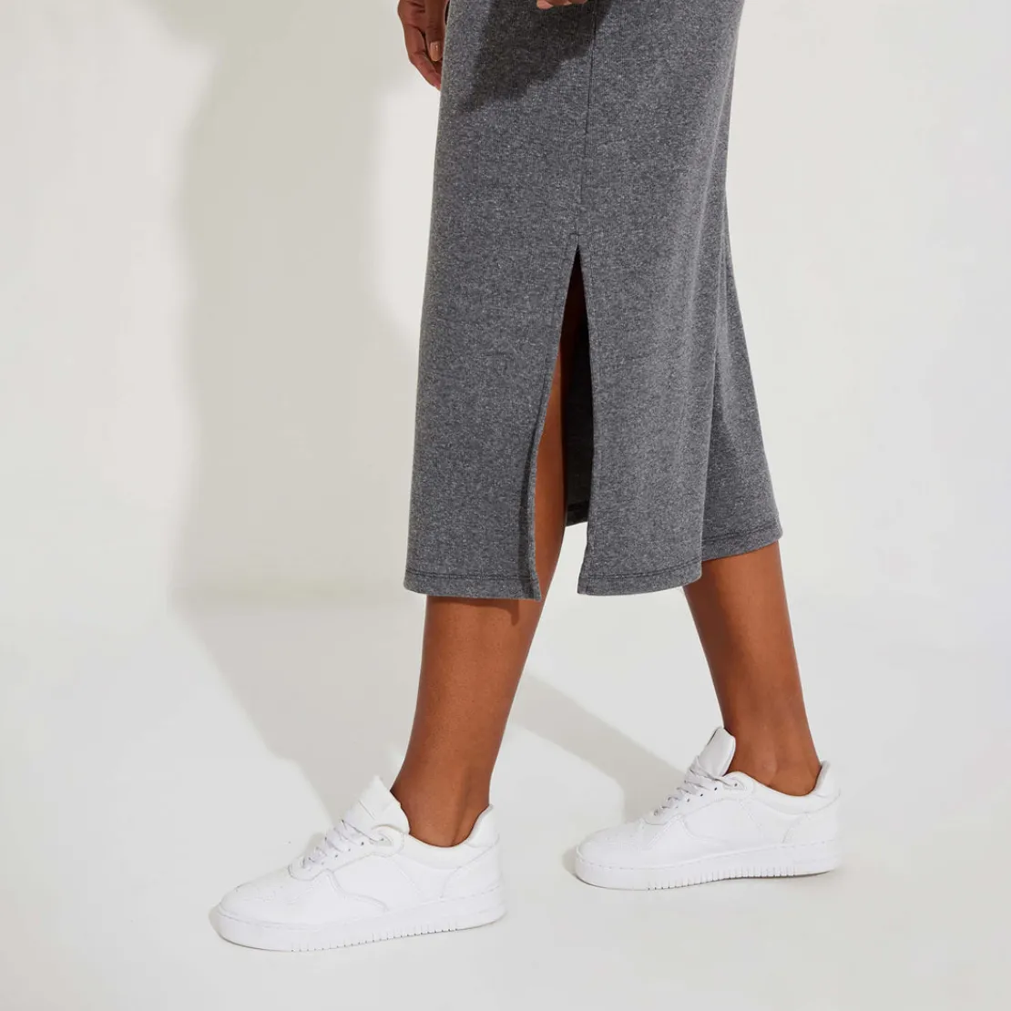 Vestidos>Basico.com Vestido Midi Canelado Algodão Manga Curta - Mescla Escuro