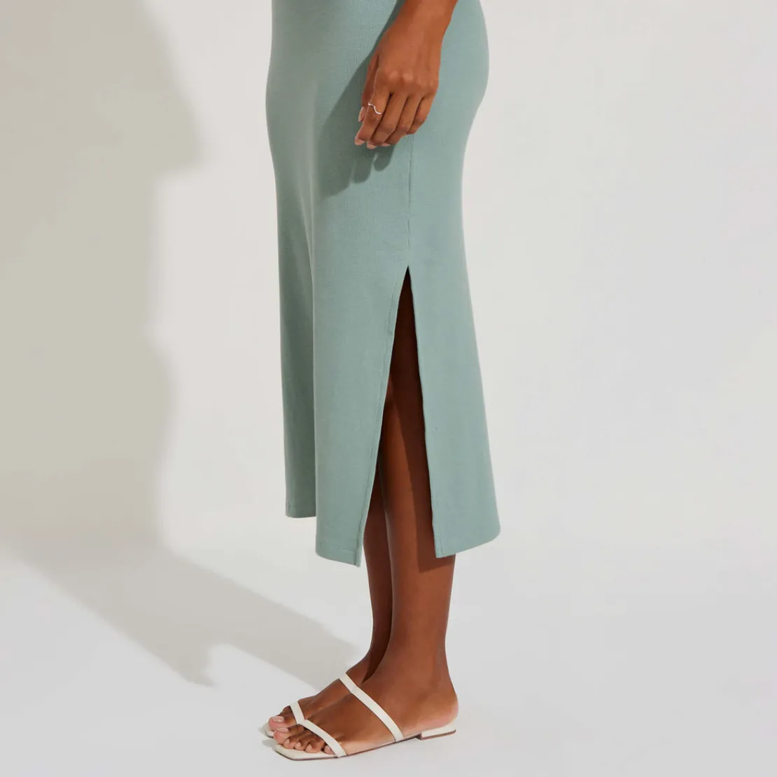 Vestidos>Basico.com Vestido Midi Canelado Algodão - Verde Chá
