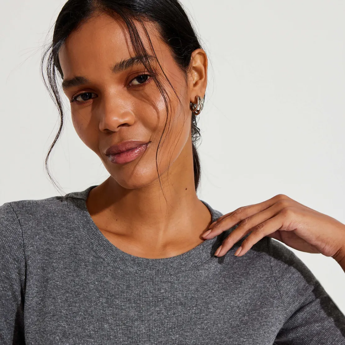 Vestidos>Basico.com Vestido Midi Canelado Algodão Manga Curta - Mescla Escuro