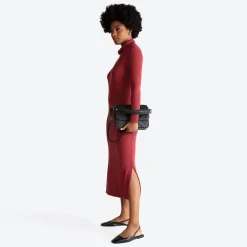Vestidos>Basico.com Vestido Midi Canelado Viscose Gola Rolê - Marsala