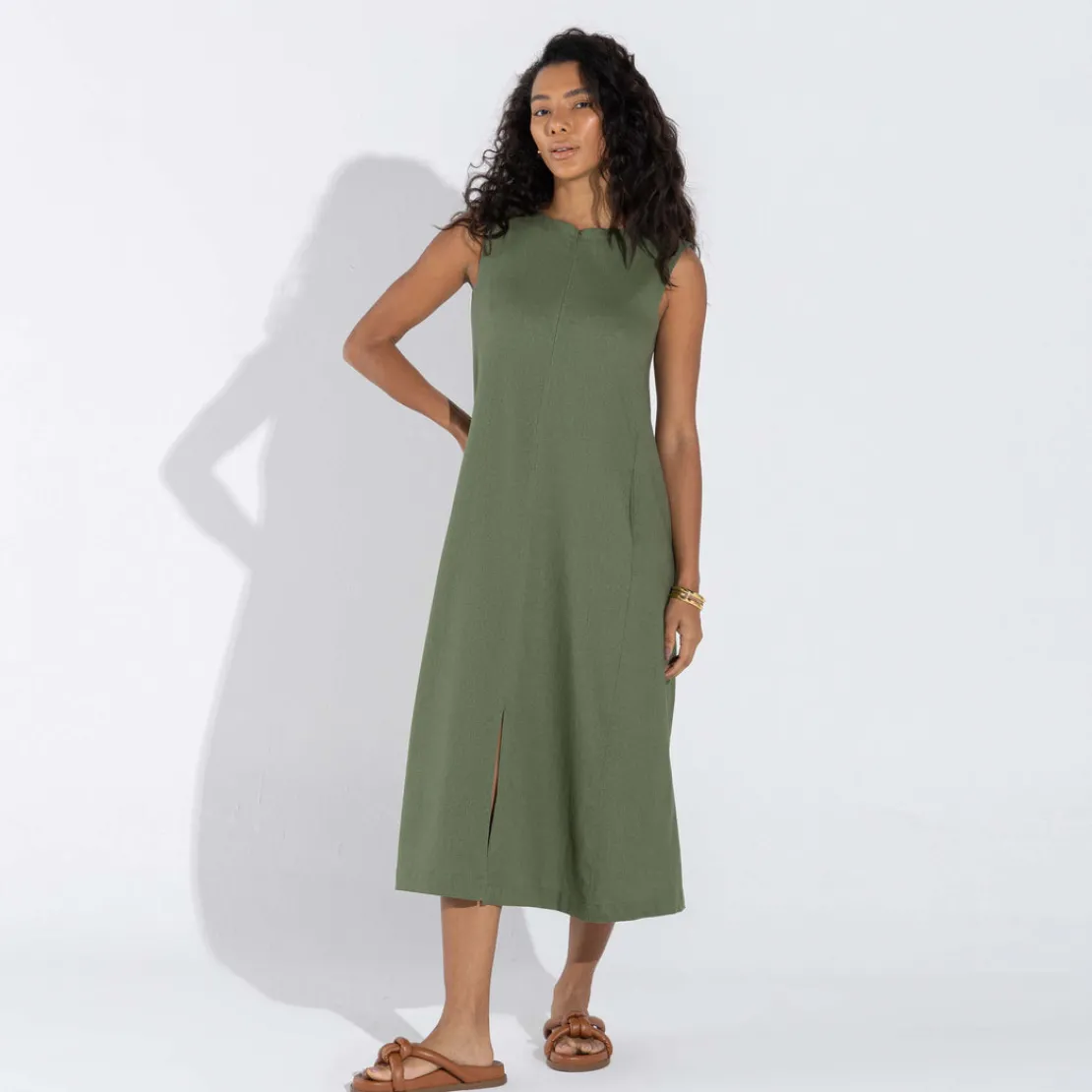 Vestidos | Linho>Basico.com Vestido Midi Linho - Verde Militar