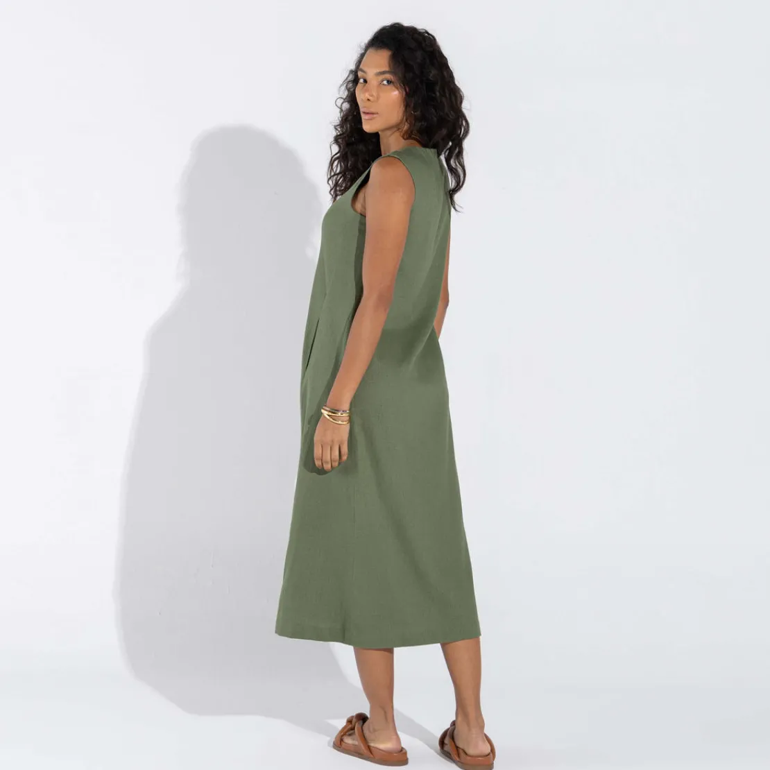 Vestidos | Linho>Basico.com Vestido Midi Linho - Verde Militar